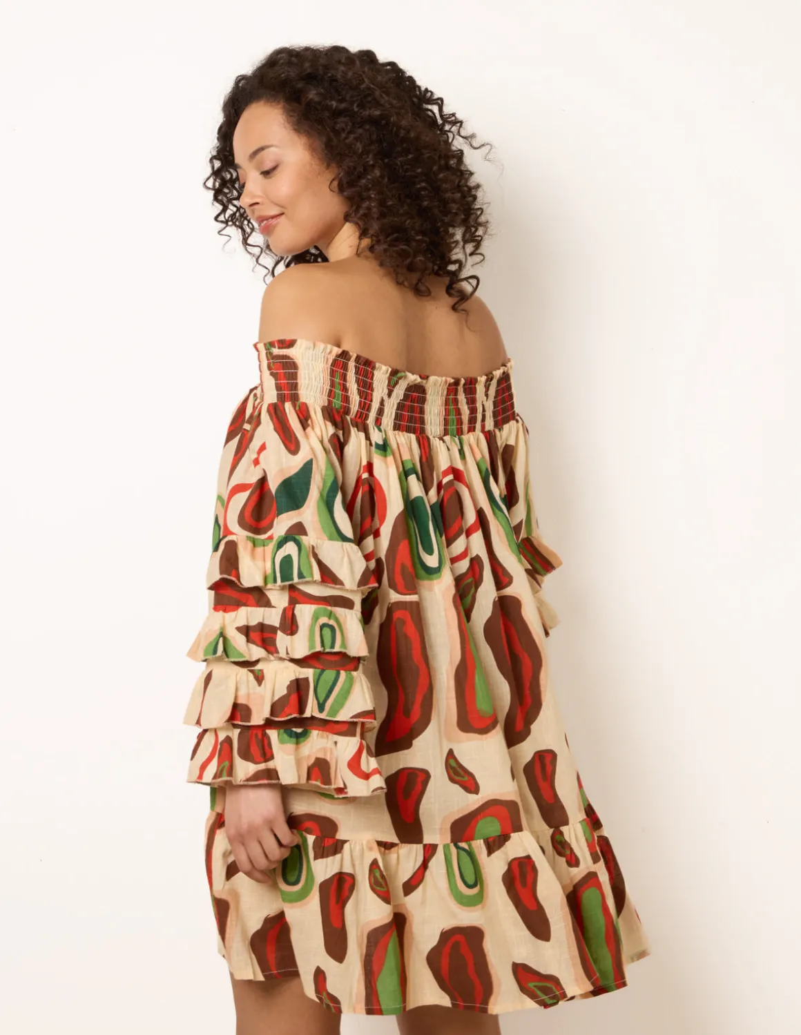 Printed Frill Sleeve Bardot Off Shoulder Tunic Dress