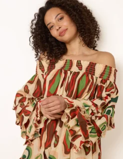 Printed Frill Sleeve Bardot Off Shoulder Tunic Dress
