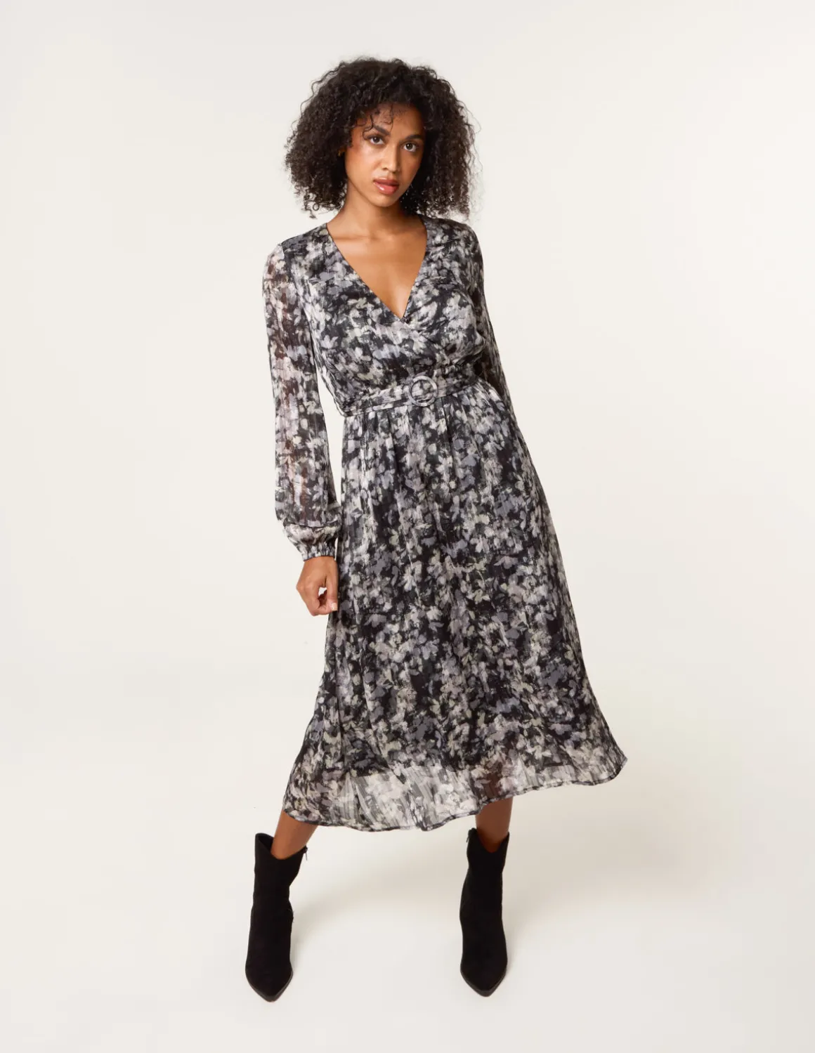 Printed Metallic Buckle Belted Midi Dress