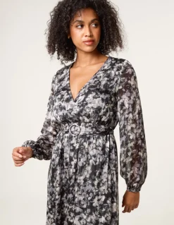 Printed Metallic Buckle Belted Midi Dress