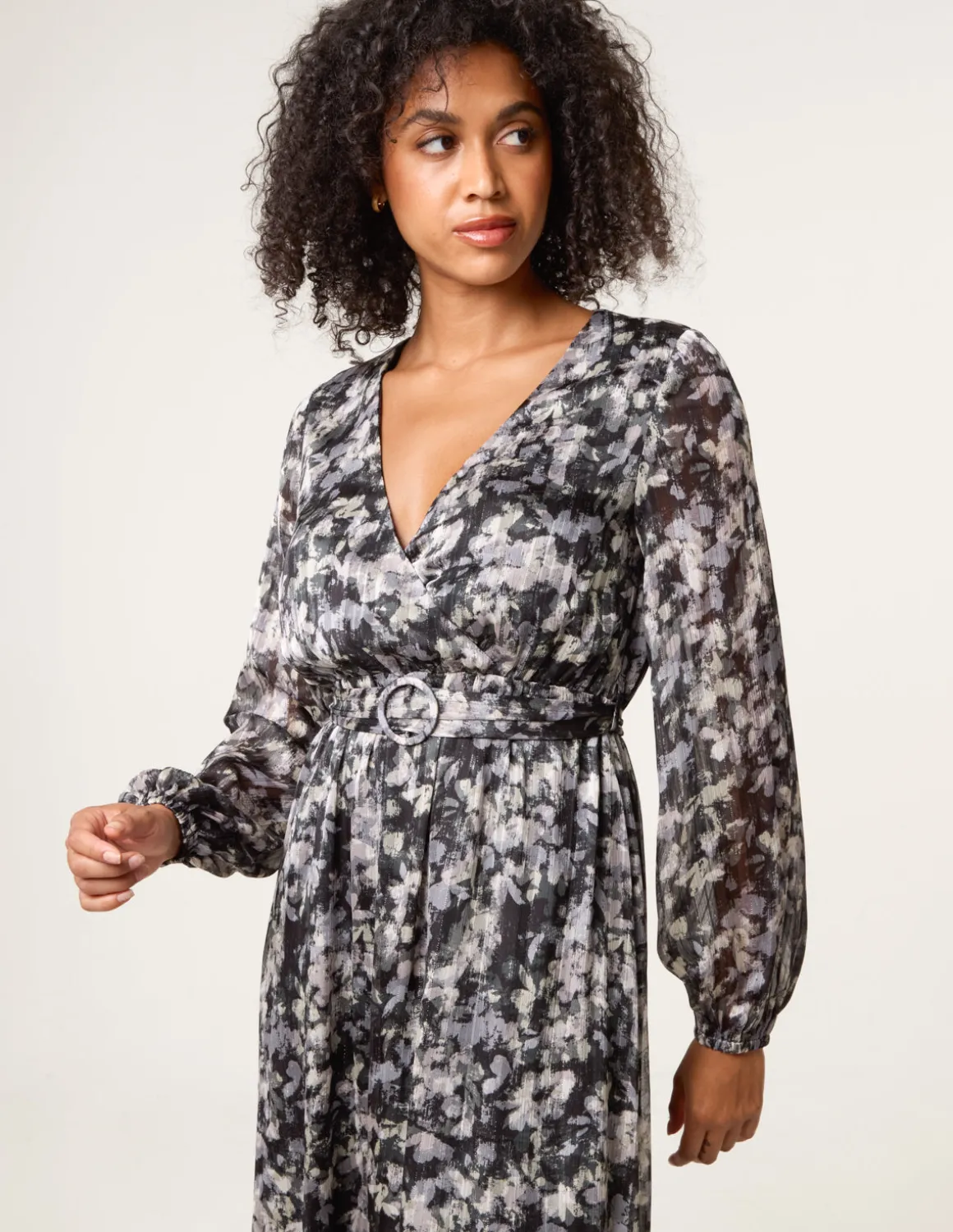 Printed Metallic Buckle Belted Midi Dress
