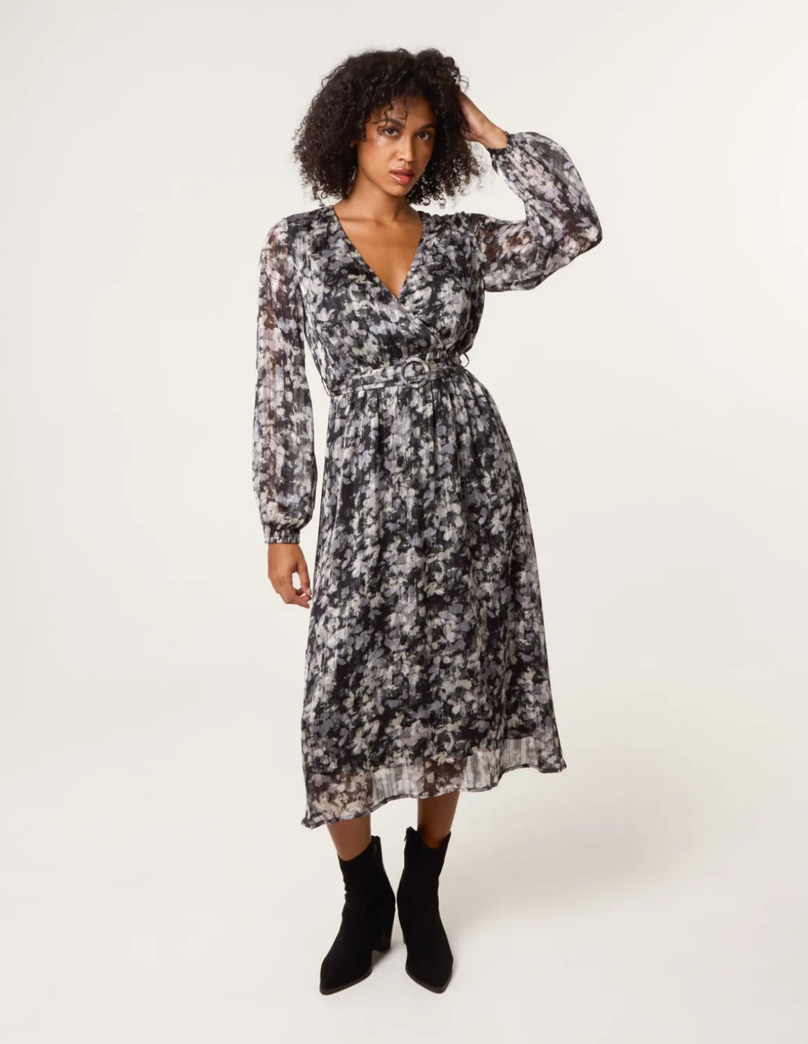 Printed Metallic Buckle Belted Midi Dress