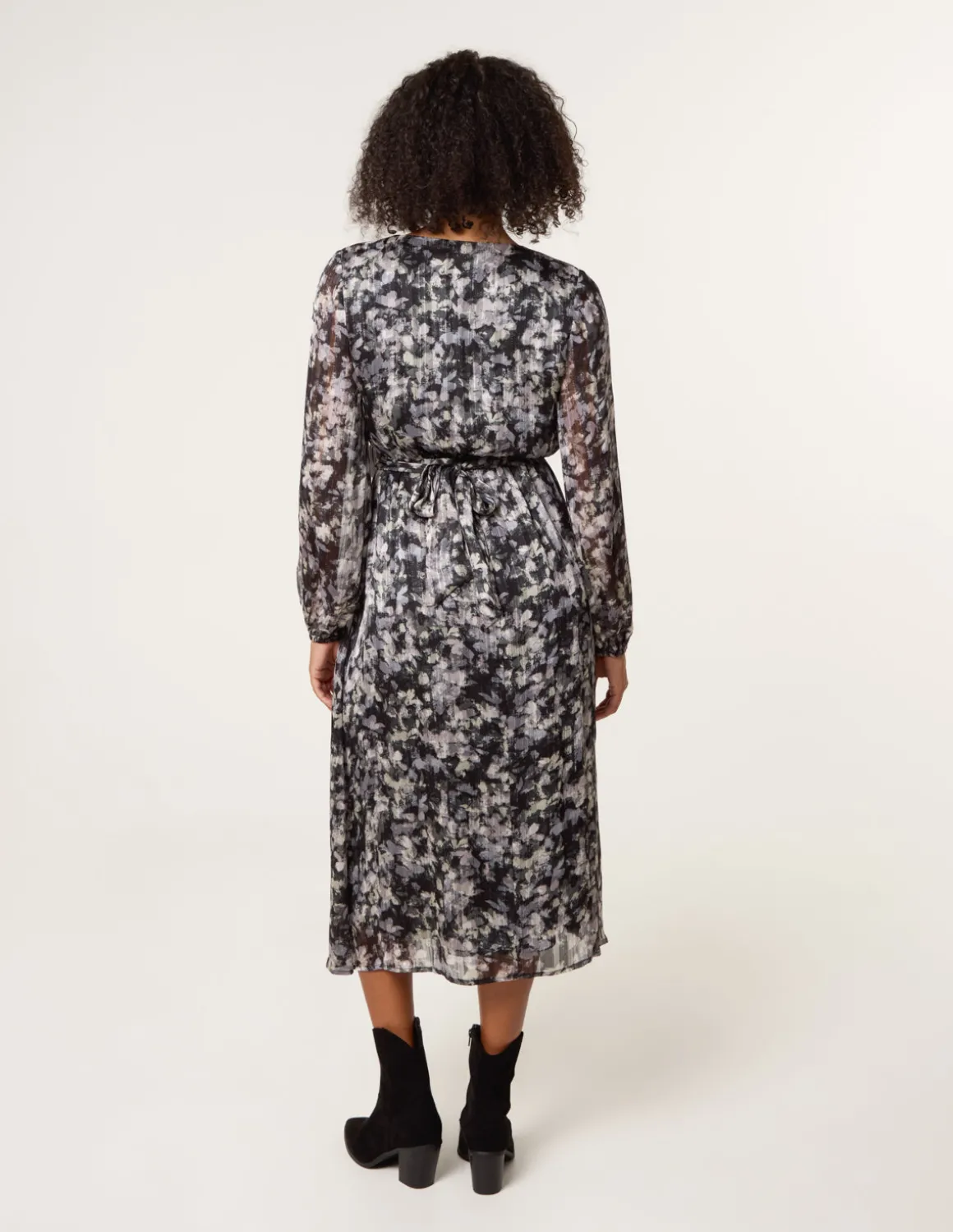 Printed Metallic Buckle Belted Midi Dress