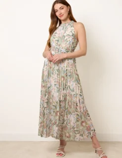 Printed Pleated Dress With Belt