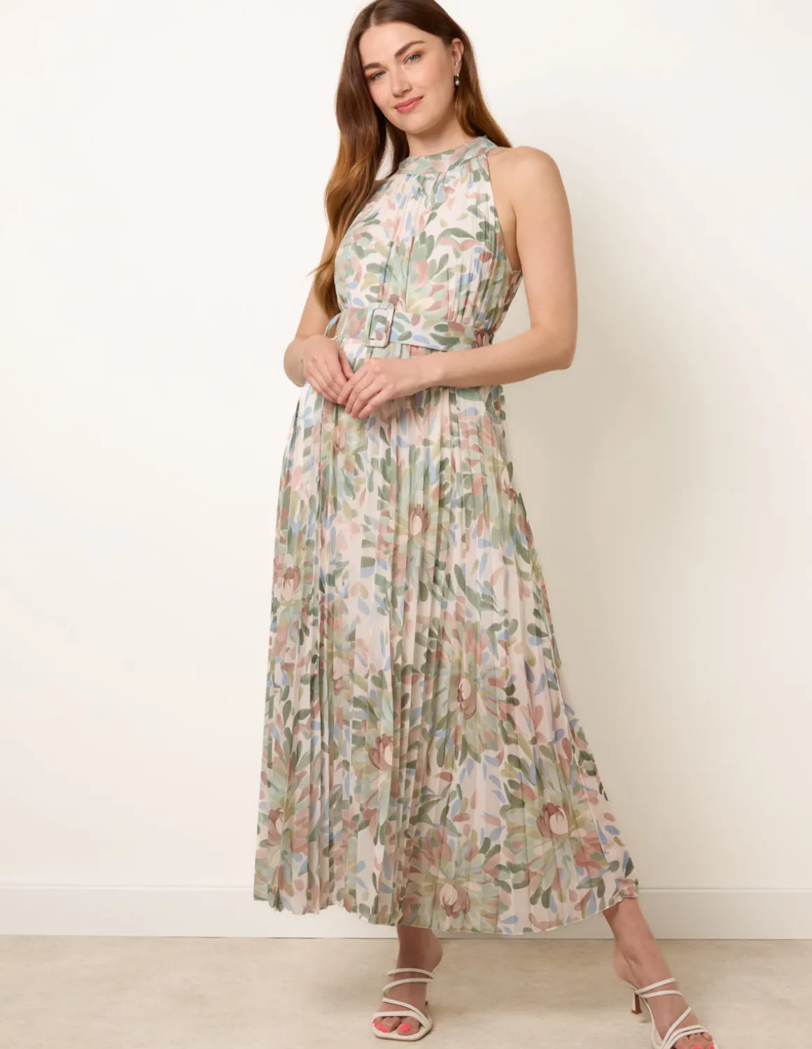 Printed Pleated Dress With Belt