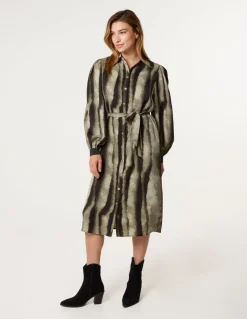 Printed Puff Sleeve Button Through Midi Dress