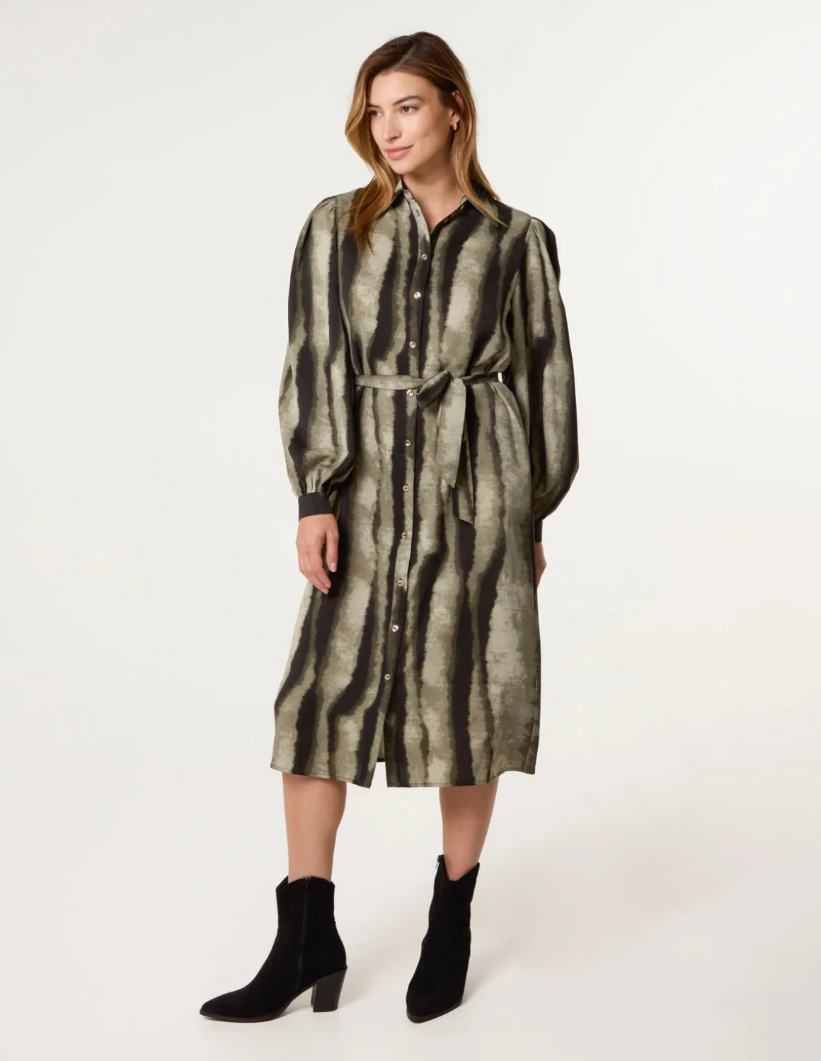 Printed Puff Sleeve Button Through Midi Dress