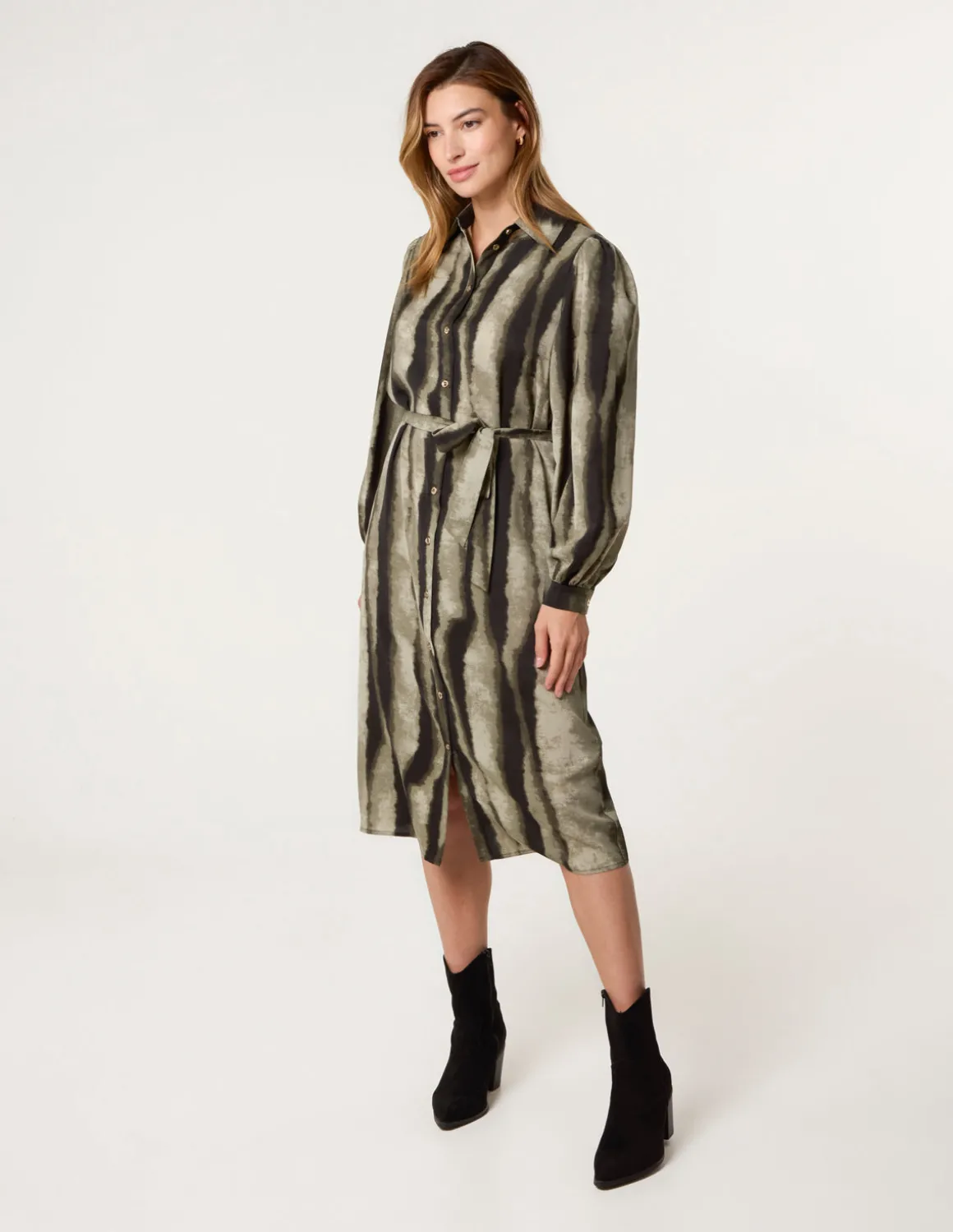 Printed Puff Sleeve Button Through Midi Dress