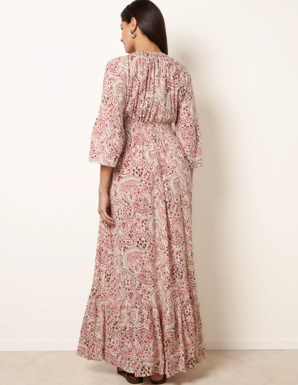 Printed Shirred Waist V Neck Maxi Dress