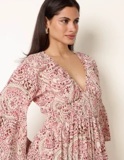 Printed Shirred Waist V Neck Maxi Dress