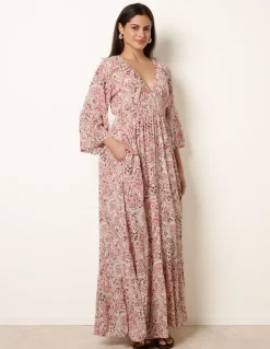 Printed Shirred Waist V Neck Maxi Dress