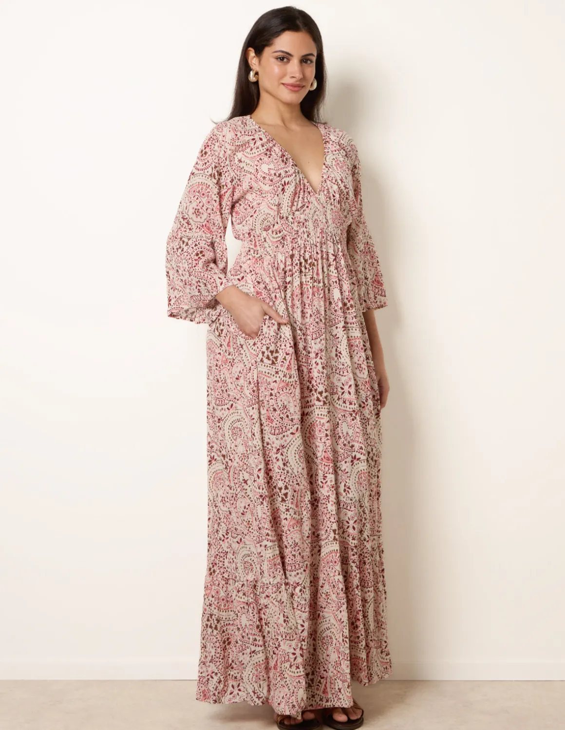 Printed Shirred Waist V Neck Maxi Dress