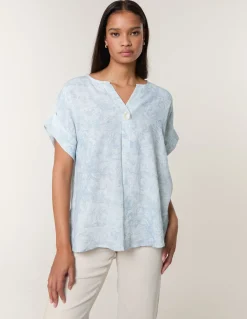 Printed V Neck Button Top
