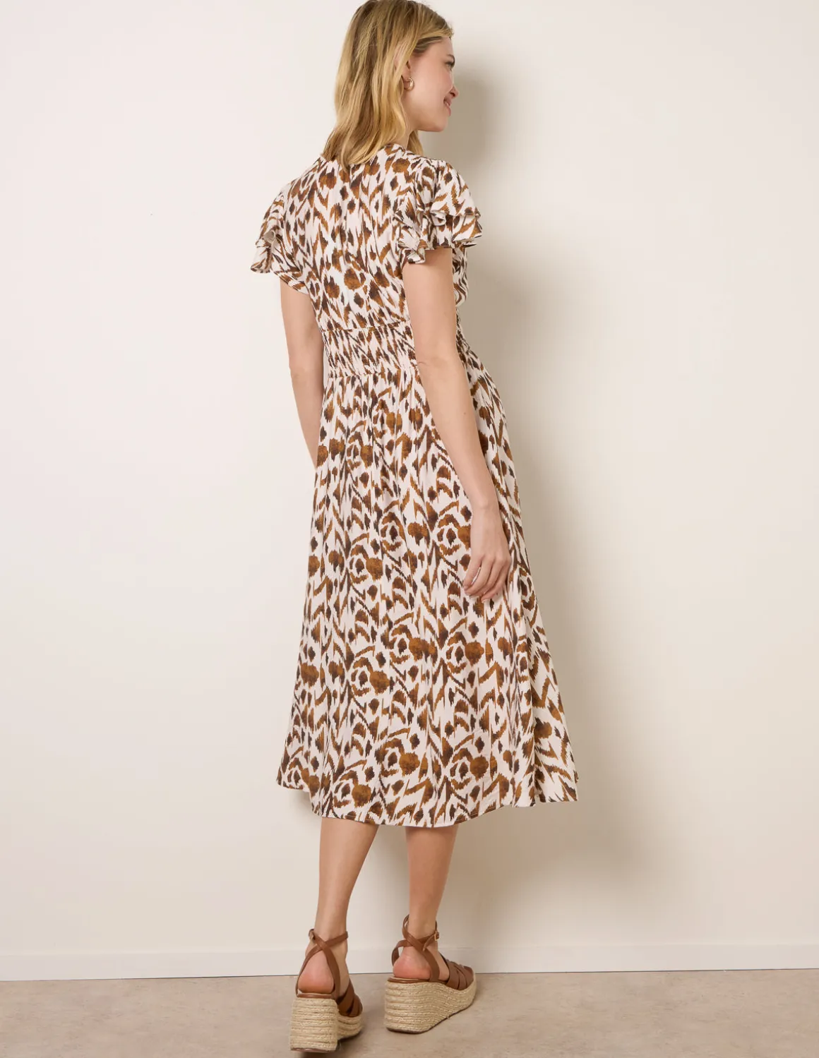 Printed V Neck Frill Sleeve Midi Dress
