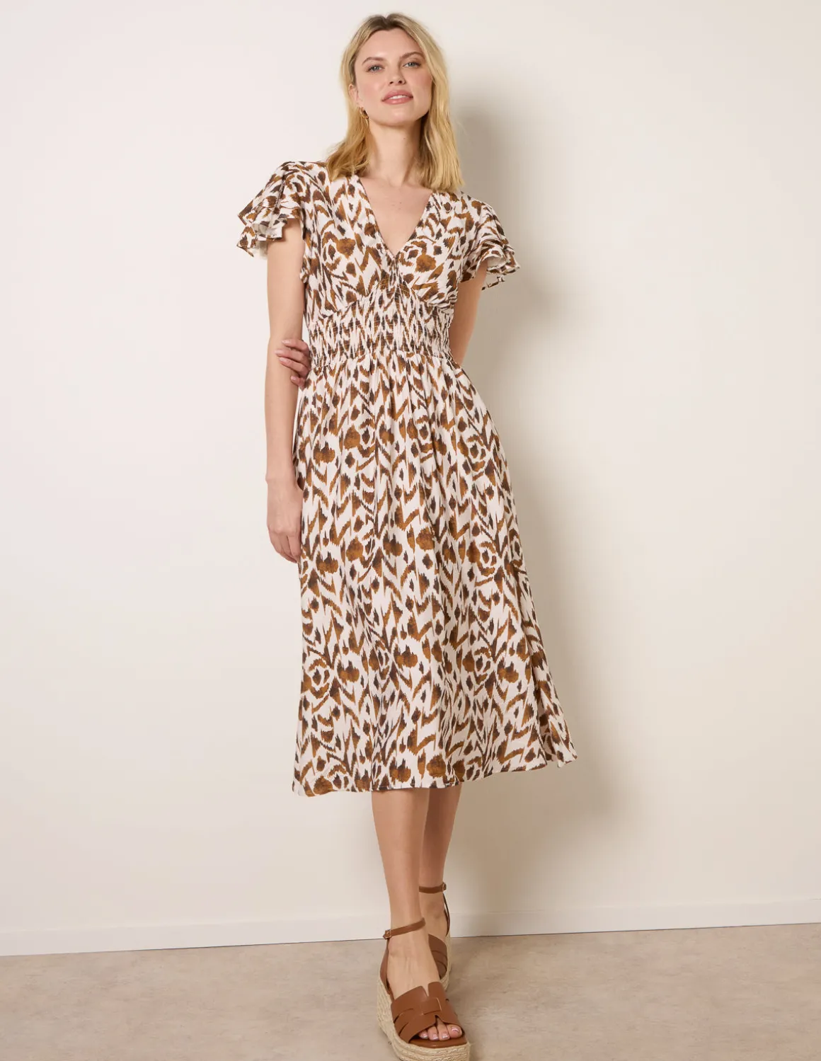 Printed V Neck Frill Sleeve Midi Dress