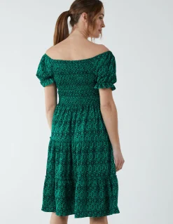 Puff Sleeve Bardot Shirred Dress