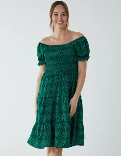 Puff Sleeve Bardot Shirred Dress
