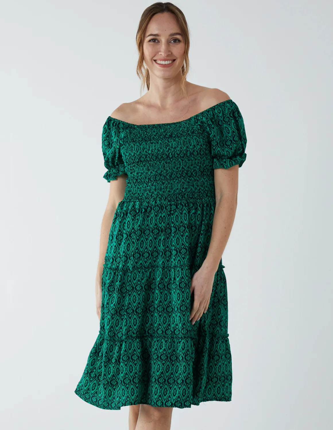 Puff Sleeve Bardot Shirred Dress