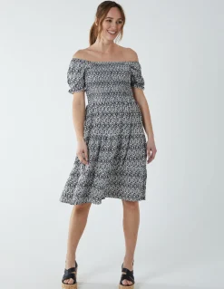 Puff Sleeve Bardot Shirred Dress