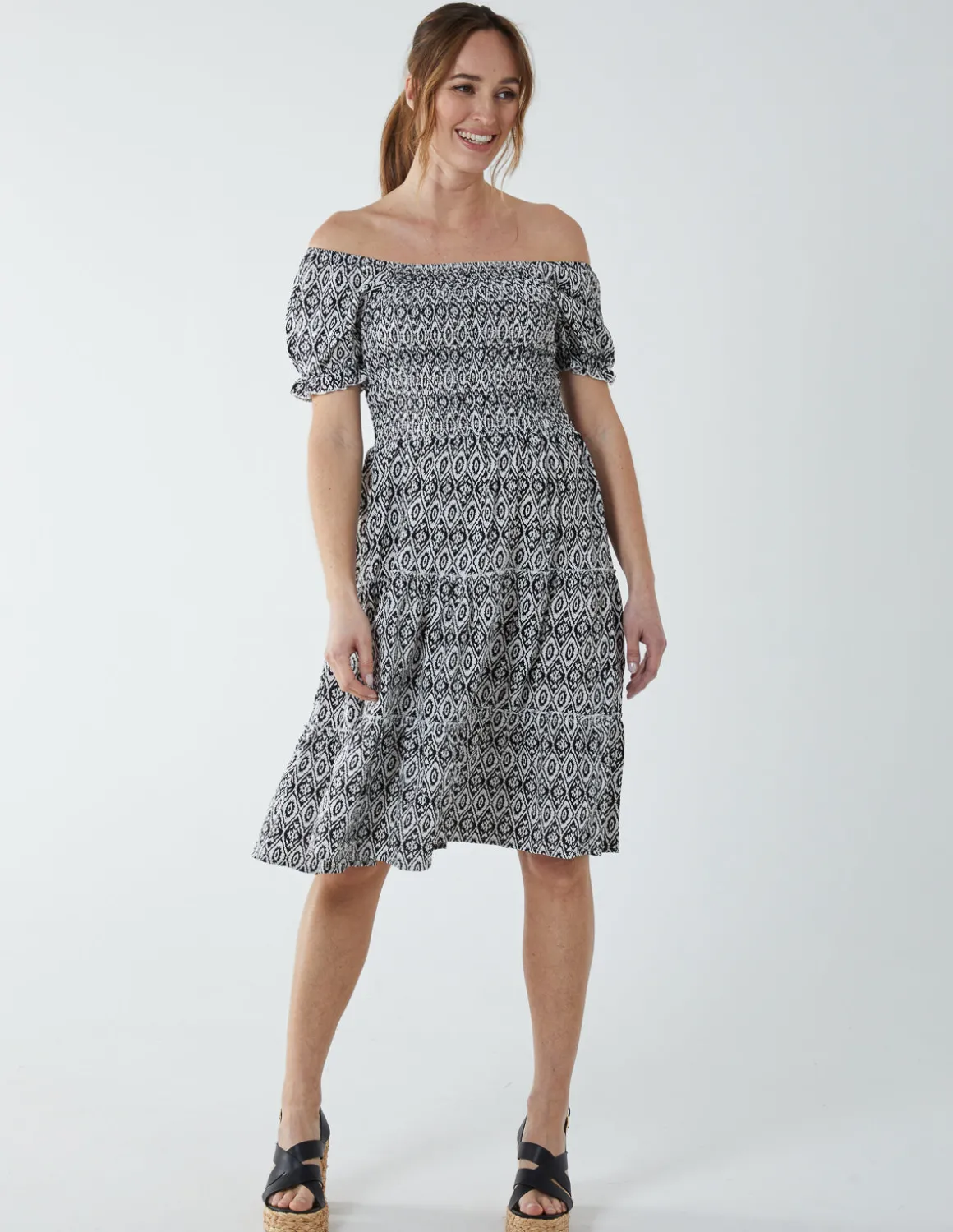 Puff Sleeve Bardot Shirred Dress