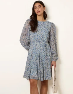 Puff Sleeve Godet Dress With Self Tie