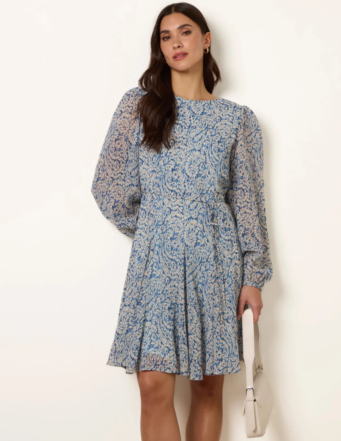 Puff Sleeve Godet Dress With Self Tie
