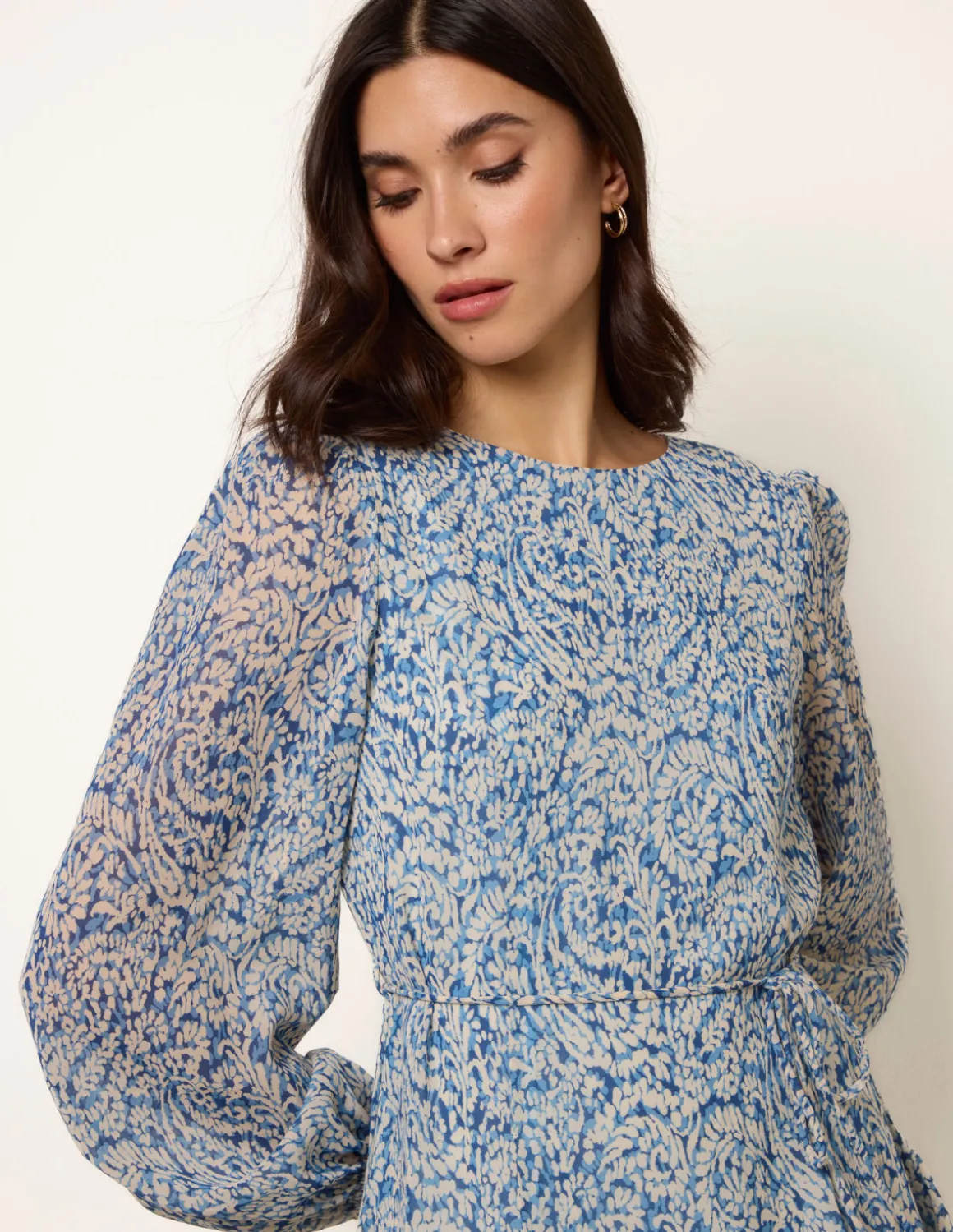 Puff Sleeve Godet Dress With Self Tie