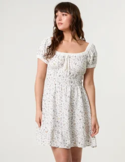 Puff Sleeve Shirred Mini Dress