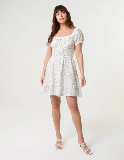 Puff Sleeve Shirred Mini Dress