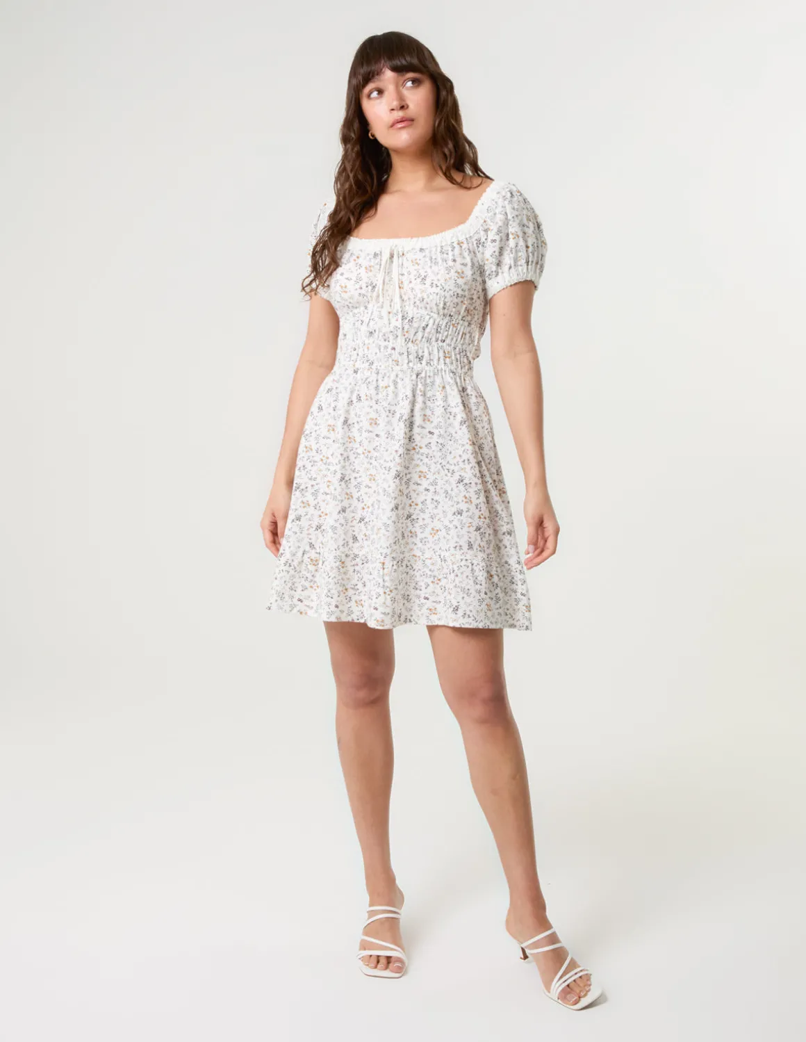 Puff Sleeve Shirred Mini Dress