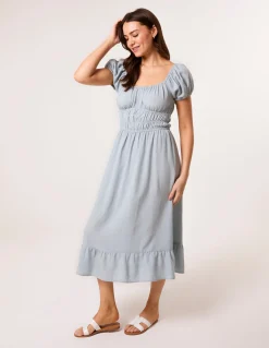 Puff Sleeve Shirred Panel Dress