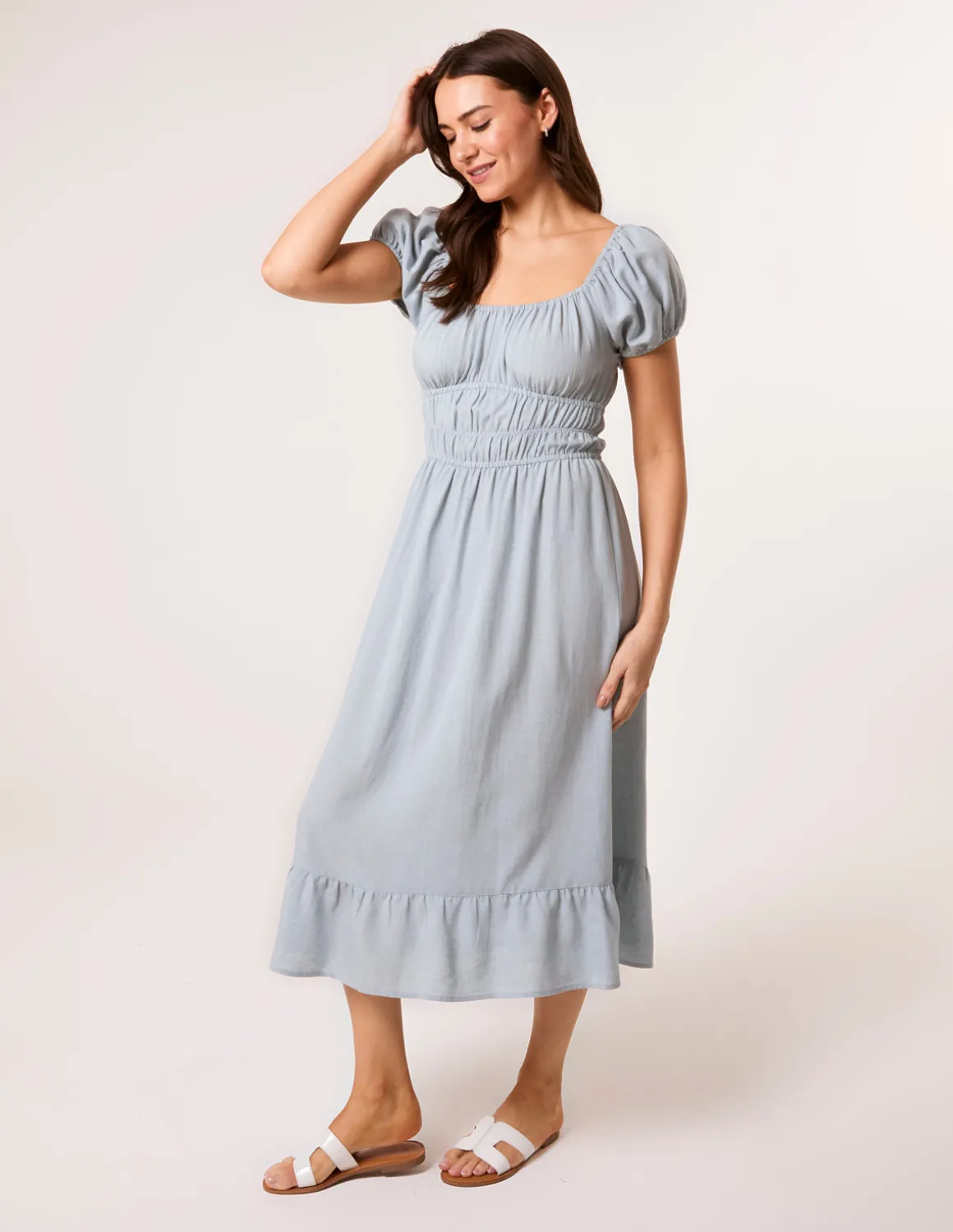 Puff Sleeve Shirred Panel Dress