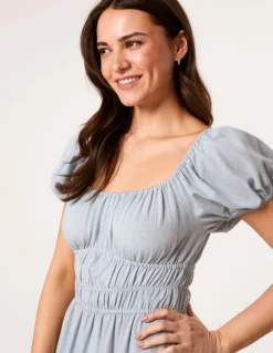 Puff Sleeve Shirred Panel Dress