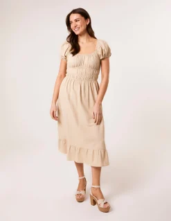 Puff Sleeve Shirred Panel Dress