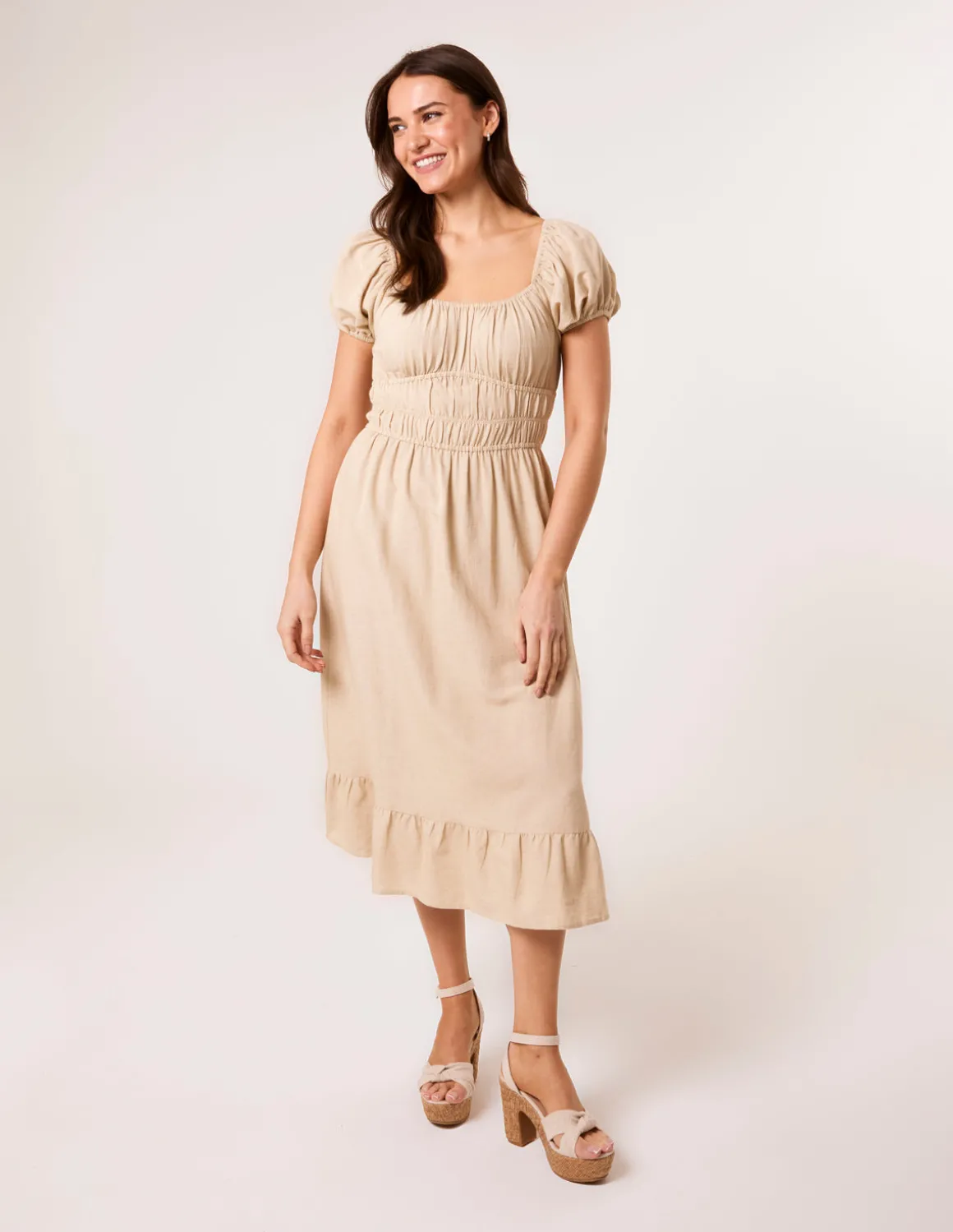 Puff Sleeve Shirred Panel Dress