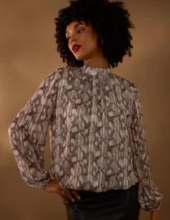 Rhinestone Studded Snake Print Blouse