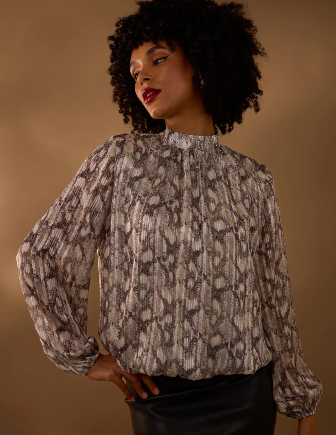 Rhinestone Studded Snake Print Blouse