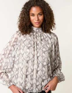 Rhinestone Studded Snake Print Blouse