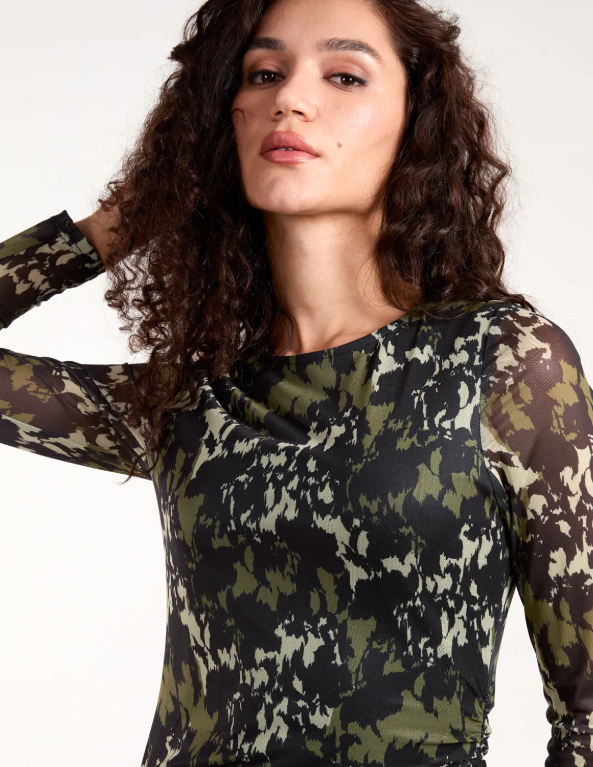 Ruched Mesh Midi Dress