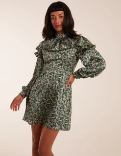 Ruffle Sleeve High Neck Swing Dress