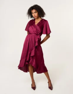 Satin Wrap Frill High To Low Midi Dress