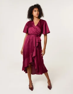 Satin Wrap Frill High To Low Midi Dress