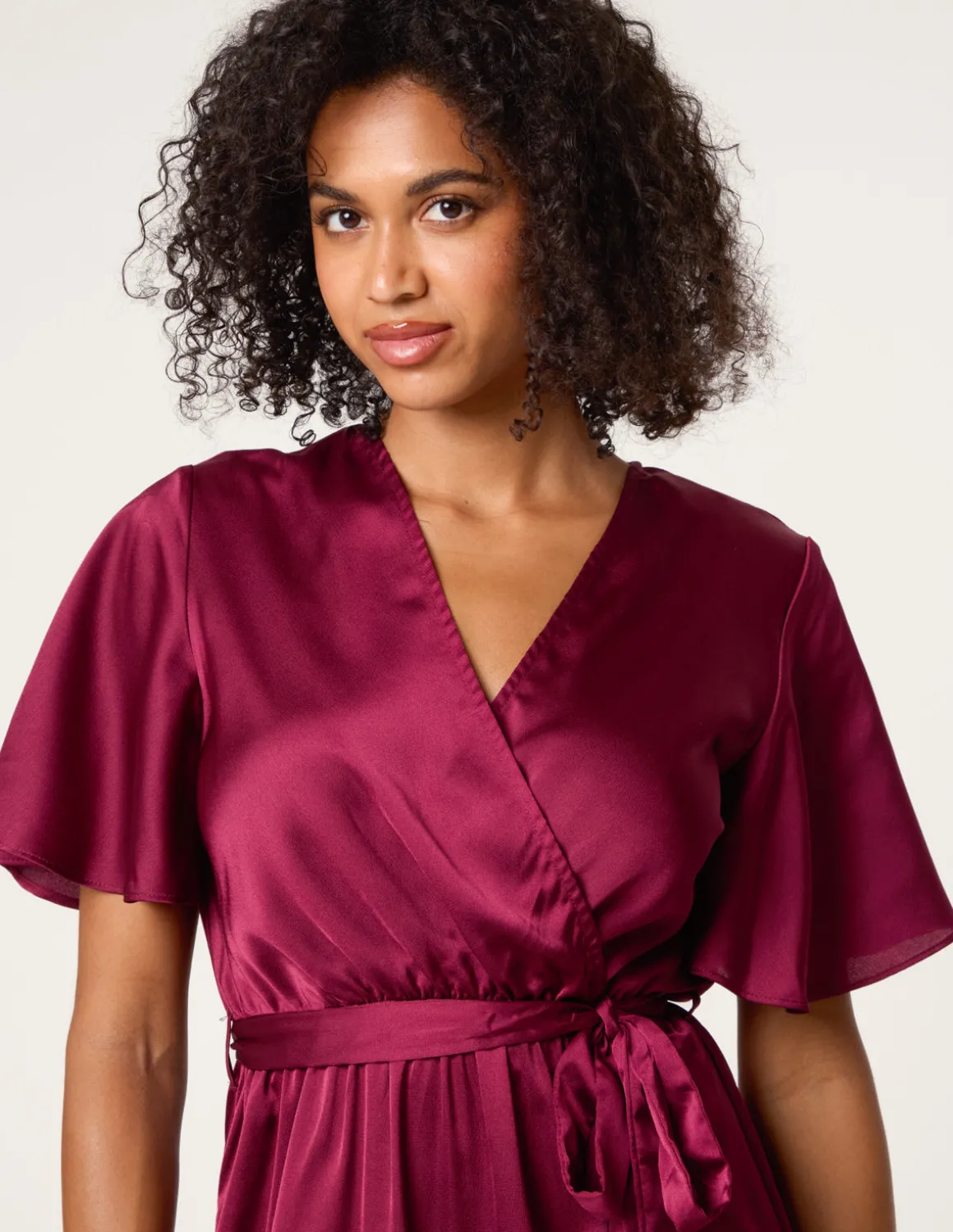 Satin Wrap Frill High To Low Midi Dress