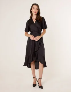 Satin Wrap Frill High To Low Midi Dress
