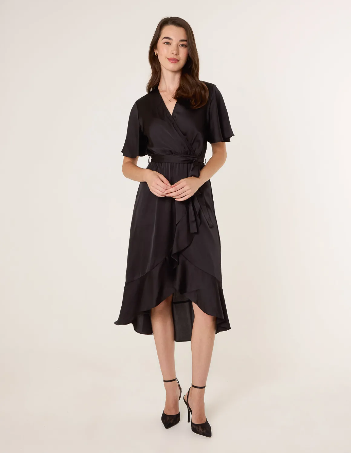 Satin Wrap Frill High To Low Midi Dress