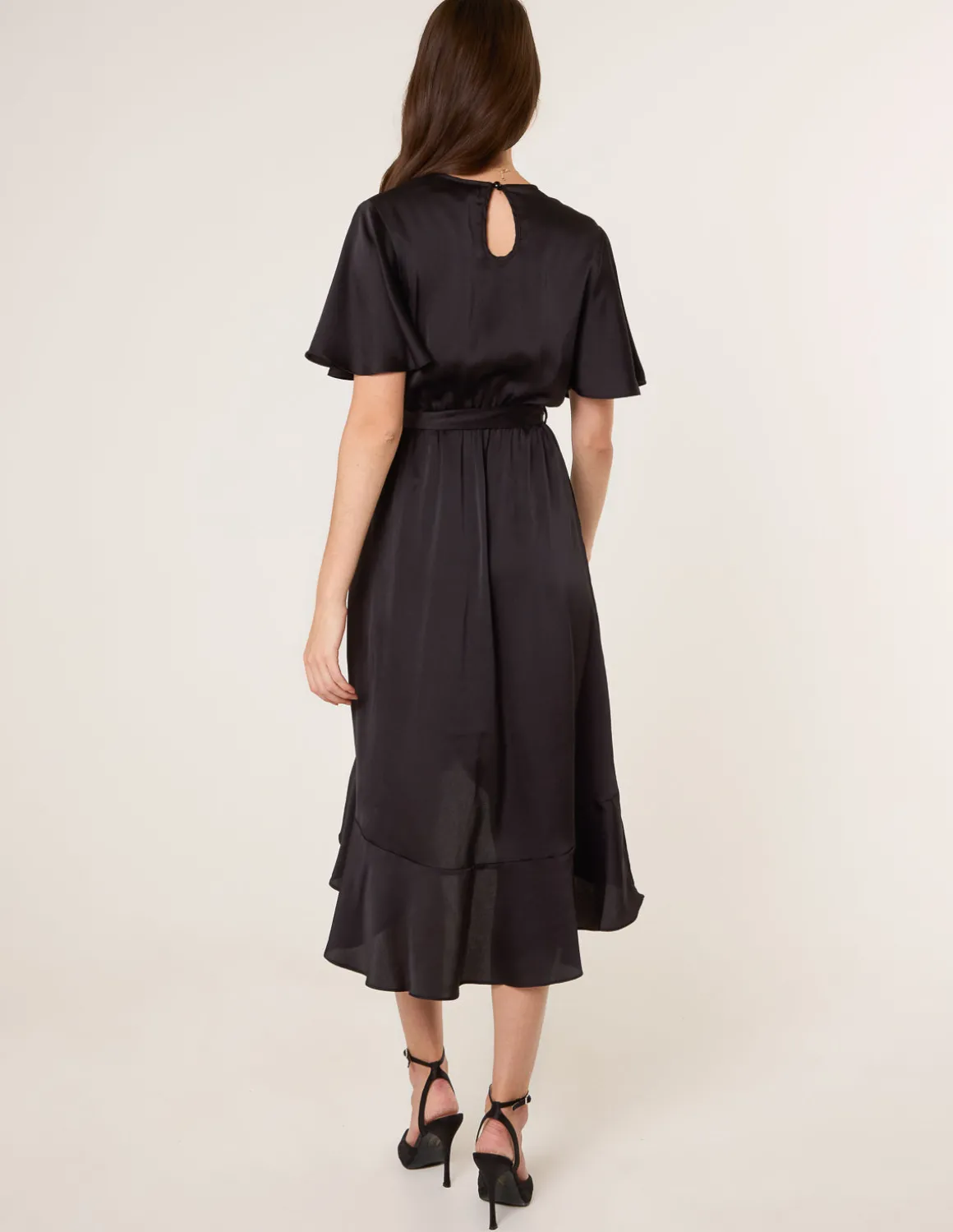Satin Wrap Frill High To Low Midi Dress