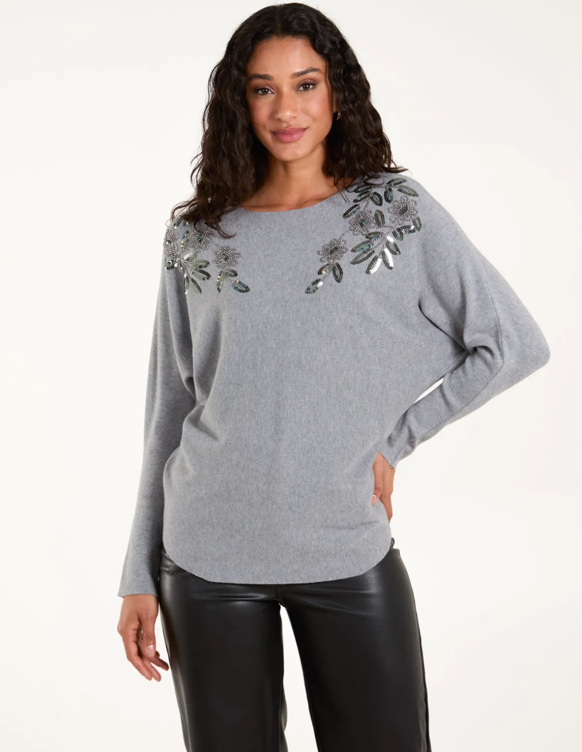 Sequin Flower Detail Batwing Jumper