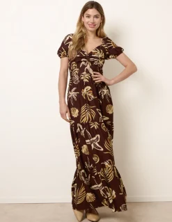 Shell Knot Front Puff Sleeve Midi Dress