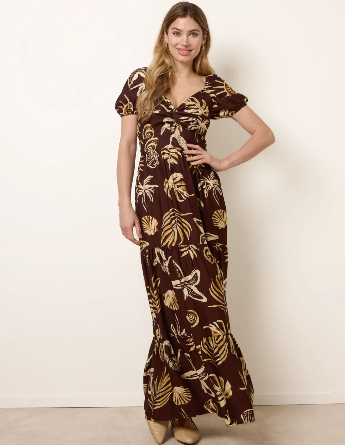 Shell Knot Front Puff Sleeve Midi Dress
