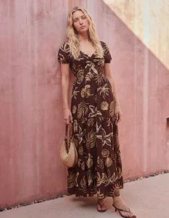 Shell Knot Front Puff Sleeve Midi Dress